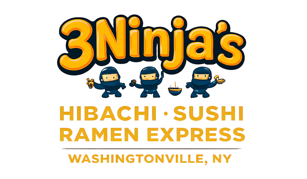 Logo of a restaurant named "3 Ninjas" featuring cartoon ninjas and text